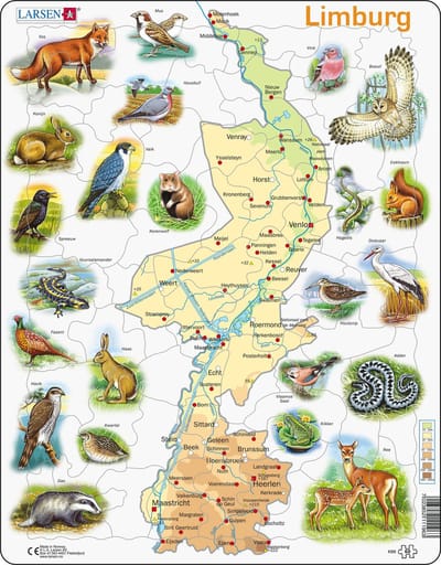 Larsen Limburg met dieren – Puzzel – Kaarten & Geografie – Nederland – Educatieve legpuzzel voor kinderen – 60 stukjes – Gemaakt in Noorwegen – Extra dikke 2,5 mm stukjes – Tray met vaste rand