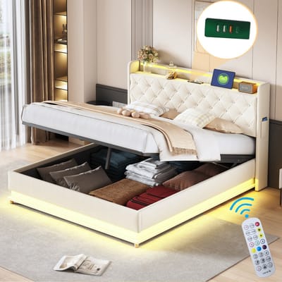 Sweiko Gestoffeerd bed - 160*200 cm - USB-laadpoort - Hydraulische opbergruimte - Linnen - Beige