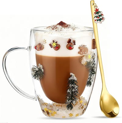 Kerstthema Glazen Mok, Dubbelwandige Koffiemok met Santa Claus en Rendier Patroon, Perfecte Kerstcadeaus voor Vrouwen, Meisjes en Mannen