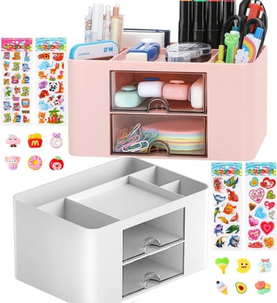 Multifunctionele Bureau Organizer met Lade, 5 Compartimenten voor Pennen en Kantoorbenodigdheden, Ideaal voor Thuis en School (Wit + Roze)