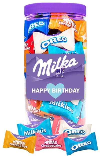 Milka Favourites chocolademix “Happy Birthday” 500g - Snoeppot met mini chocolaatjes - Chocolade cadeau in herbruikbare bokaal