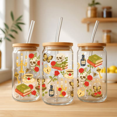 Creasowl® Libbey Glazen Drinkbeker 500ml – Mason Jar met Dark Academia Patroon – Vintage Boekenprint – Herbruikbaar Glas voor Koffie, Ijsthee, Cold Brew – Cadeau voor Boekenliefhebbers – Duurzaam Drinkglas – Esthetisch & BPA-vri