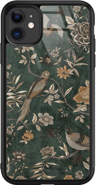 Hoesje geschikt voor Apple iPhone 11 - Khaki golden flowers - Groen - TPU luxe case (glossy toplaag) - Vogel - Hardcase backcover zwart