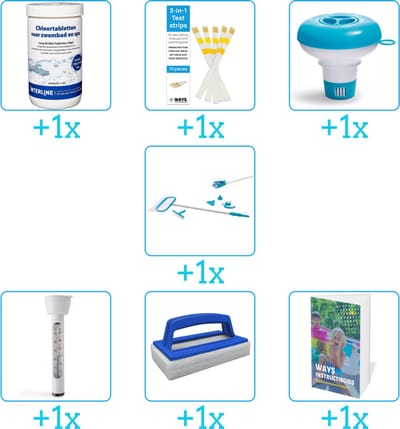 Zwembad Onderhoudspakket - Onderhoud Zwembad - bevat Chloor - Testrips - Chloordrijver - Schoonmaakset - Thermometer - Scrubborstel en Zwembadgids (7-delig)
