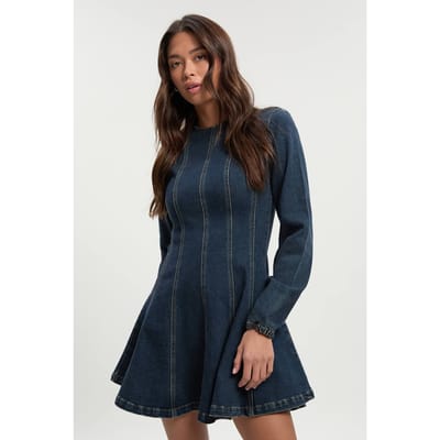 boohoo Dames Denimjurk met lange mouwen en naaddetails | Dark Indigo | Maat: 6