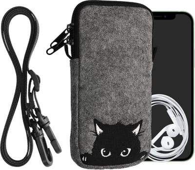 kwmobile Tasje voor smartphones XL - 6,7/6,8" - Hoesje van vilt in grijs / zwart - Phone case met nekkoord - design