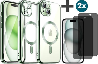 Hoesje met Privacy Screenprotectors 2 Stuks Geschikt voor iphone 15 Hoesje - Geschikt voor MagSafe - Arara siliconen Backcover - Groen