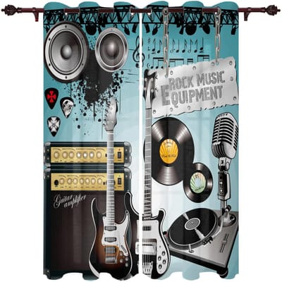 Panneaux Rideaux Musicaux 2 Panneaux Guitare Basse Rideaux pour Salon Fenêtre de Cuisine Stores Fenêtres du Sol au Plafond cortinas Haut à Œillets 2x50W100H(CM)&hook