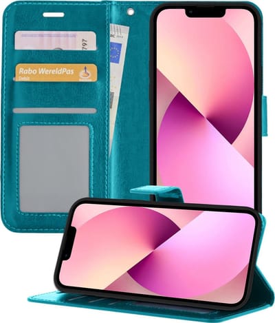 Hoesje - Met Pasjeshouder - Geschikt voor Apple iPhone 13 Mini - Luxe Bookcase Portemonee - Flip Case - Kunstleer Book Case - Flipcase - Book Cover - Walletcase - Portemonneehoes - Telefoonhoesjes - Turquoise