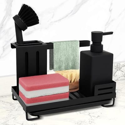 Gootsteenorganizer met afneembare lade en zeepdispenser - Keukenopslag voor vaatdoeken en borstels