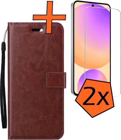 Hoes - Met 2x Screenprotector - Geschikt voor Samsung Galaxy S24 FE - Luxe Pasjeshouder - Bookcase Portemonee - Flip Case - Kunstleer Book Case - Flipcase Hoes - Book Cover - Walletcase - PortemonneeHoes - Bruin