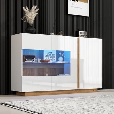 DESMIU Dressoir Met Hoogglans Afwerking En Glasdetails Voor Woonkamer En Slaapkamer Van Spaanplaat En Gehard Glas 138x38,5x90,5 Cm Wit