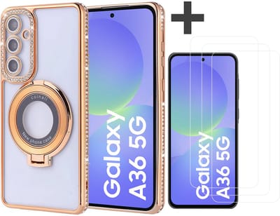 Hoesje met Ringhouder Geschikt voor Samsung Galaxy A36 met Diamant Glitters en 3 Stuks Gehard Glas Screenprotector – Arara Backcover - Goud