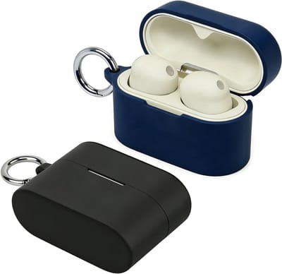 Telefoonhoesje voor WF-1000XM6, 2 karabijnhaken, vloeibare siliconen, stootvast en beschermend, zwart en blauw, 2 stuks, ideaal voor hoofdtelefoons