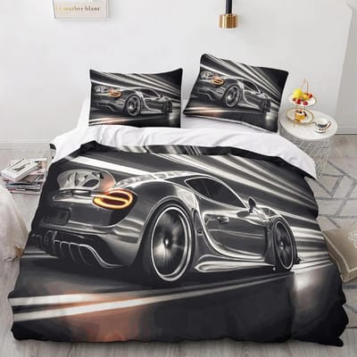 3d Raceauto Bedrukt Beddengoed Set Dekbedovertrek, Cartoon Dekbedovertrek Set en Kussensloop 2-delig Voor Kinderen Tieners Jongens 135x200m gray