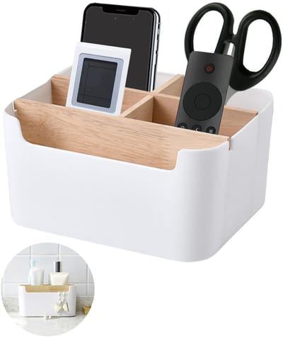 Allecto - Bamboe tafel-organizer - Bureau-organizer met 5 vakken - Houten desktop-opberger - Wit - Geschikt voor pennen en cosmetica - Ideaal voor ...