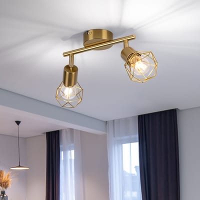 Plafondlamp zwenkbaar retro spotje 2 spots woonkamerlamp raster goud, metaal, 2x E14 stopcontacten, LxBxH 22x8x19 cm
