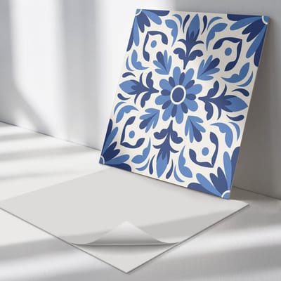 Wallfluent Vinyl Tegels - Bloemenpatroon met Bladeren Zelfklevende Vinyl Tegels - 30 cm x 30 cm - Blauw Vinyl Tegels - 9 stuks - Vierkant PVC Tegels - Patroon Plaktegels - Vinyl Wandtegels - Plaktegels Keuken en Badkamer