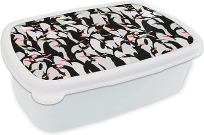 Broodtrommel Wit - Lunchbox - Brooddoos - Pinguïns - Dieren - Patronen - Zentangle - 18x12x6 cm - Volwassenen