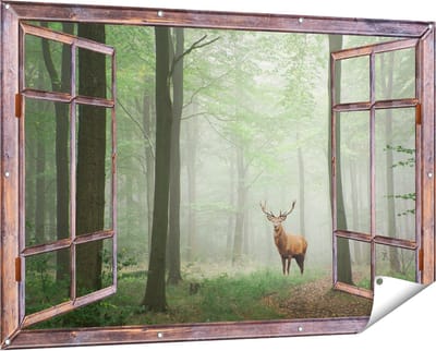 Gards Tuinposter Doorkijk Hert in Bos - 150x100 cm - Tuindoek - Tuindecoratie - Wanddecoratie buiten - Tuinschilderij