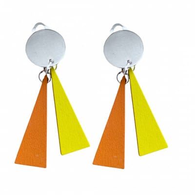 Clip oorbellen- Saheli -Duo -oranje- geel- hout- zilverkleur-geen gaatje- Charme Bijoux