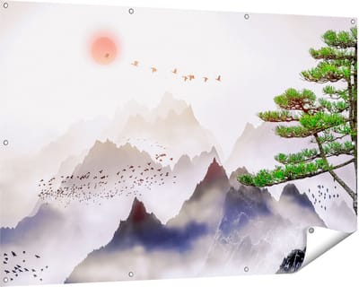 Gards Tuinposter Bergenlandschap met een Boom - Abstract - 150x100 cm - Tuindoek - Tuindecoratie - Wanddecoratie buiten - Tuinschilderij