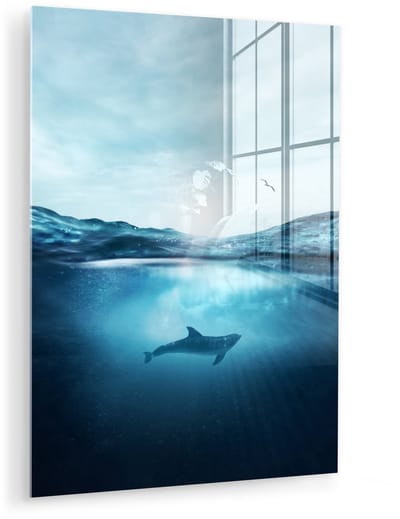 ® Glasschilderij 120x160 cm - Schilderij acrylglas - Dolfijn - Zee - Vogel - Foto op glas - Muurdecoratie woonkamer - Wanddecoratie slaapkamer - Schilderijen