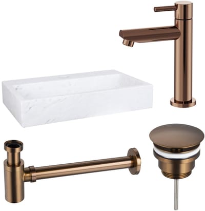 FugaFlow Eccelente Pietra fonteinset - 38x24x8cm - 1 kraangat - marmer - fonteinkraan koper - wit
