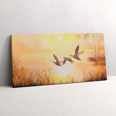 Wallfluent Foto Op Canvas Kranen bij zonsondergang - 100 x 50 cm - Beige Schilderij Op Canvas - Vogels Foto Op Doek - Natuur Schilderij Doek - Vogels Schilderij Canvas