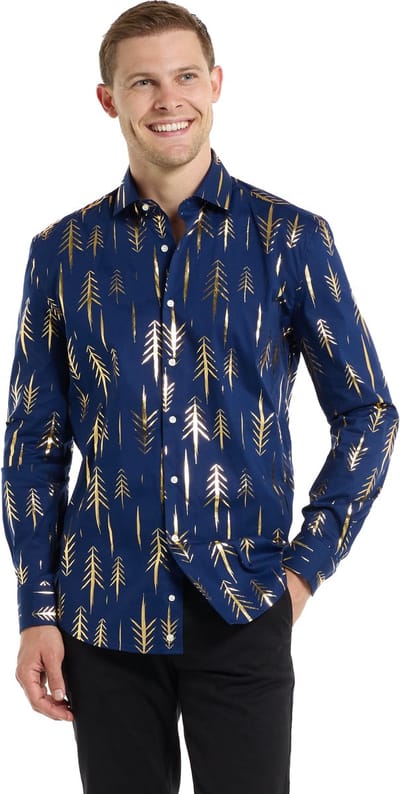 OppoSuits Heren Overhemd Teriffic Trees - Mannen Shirt - Kerst Outfit - Oud en Nieuw - Blauw - Maat S
