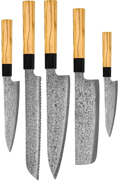 Shinrai Knives - Takumi Kaza 5-delige Damascus Messenset - Koksmes + Broodmes + Nakiri + Officemes + Schilmes