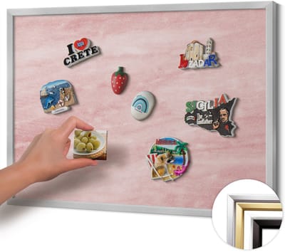Wallfluent - Roze Magneetbord Met Decoratieve Patronen - 70 cm x 50 cm - Magneetbord met Zilveren Frame - Pastelkleurige rotstextuur - Memobord voor Keuken - Magnetisch Bord Kindvriendelijk - Magnetisch Wandbord