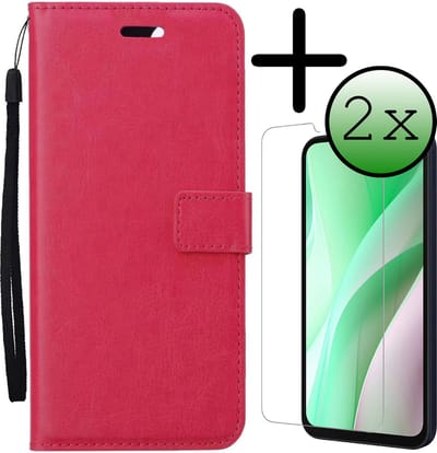 Hoesje Met 2x Screenprotector - Geschikt voor Samsung Galaxy A15 - Luxe Pasjeshouder - Bookcase Portemonee - Flip Case - Kunstleer Book Case - Flipcase Hoes - Book Cover - Walletcase - Portemonneehoes - Donkerroze