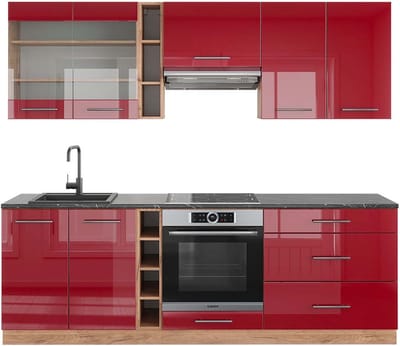 Vicco Fame-Line Complete keukeneenheid – 235 cm, WB Antraciet Bordeaux hoogglans/gouden eik
