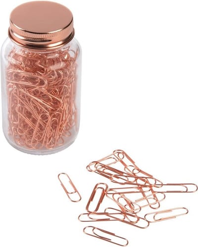 Koperen paperclips in glazen pot - 200x stuks - Bureau/kantoorbenodigdheden - Kantoor artikelen - Paper clips koper