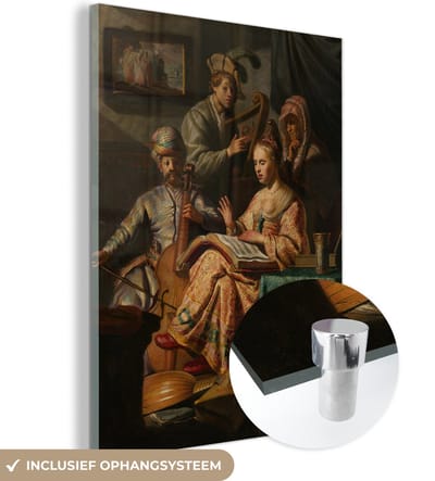 MuchoWow® Glasschilderij 30x40 cm - Schilderij acrylglas - Het Musicerend gezelschap - Rembrandt van Rijn - Foto op glas - Schilderijen