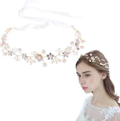 Famanu - Vintage bruids haarband, met parels/kristallen bloemen, goud, voor bruid/bruidsmeisjes