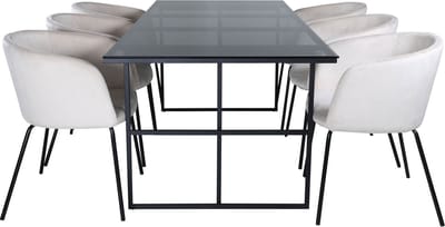 Leif eethoek eetkamertafel rokerig glas en 6 Berit eetkamerstal velours beige.