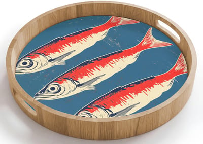 Dienblad rond 40x40 cm - Schootdienblad hout - Vissen - Rood - Blauw - Borrelplank rechthoek - Plateau houten dienbladen