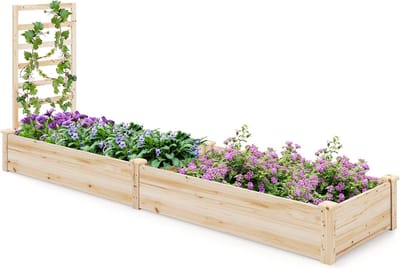 COSTWAY Verhoogd bloembed met hekwerk, bloembak met latwerk, plantenbak van dennenhout, tuinspalier met rankkast, bloempot voor klimplant, balkon, tuin, terras, natuur (235 x 63 x 102 cm)