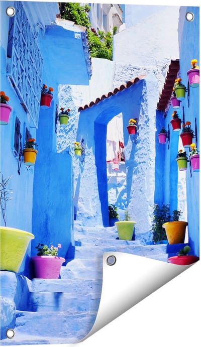 Gards Tuinposter Blauwe Huizen met Bloempotten in Chefchaouen, Marokko - 40x60 cm - Tuindoek - Tuindecoratie - Wanddecoratie buiten - Tuinschilderij