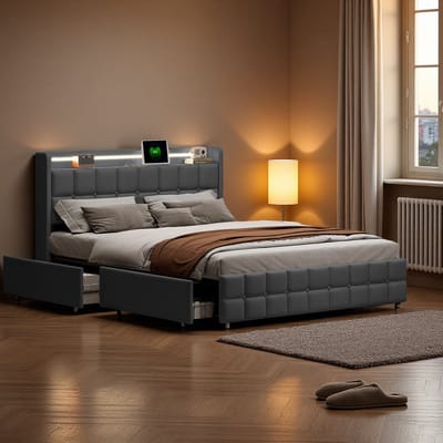 160x200 Gestoffeerd Opbergbed Grijs – 4 Lades, LED Hoofdbord & USB Oplaadfunctie – Tweepersoons Linnen Bed 160x200