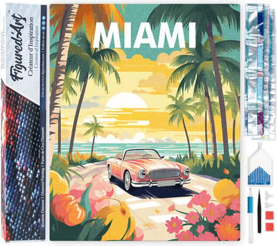 Figured'Art Diamond Painting set Volwassenen 40x50 cm Reisposter zonsondergang in Miami - 5D DIY Art full drill vierkante diamant - Opgerold canvas