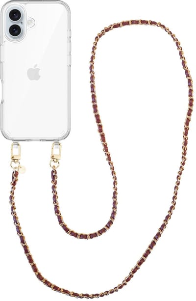 xoxo Wildhearts siliconen hoesje geschikt voor iPhone 16 - Classic Chain - Burgundy (lang koord) - Telefoonhoesje - Hoesje met koord - Schakelketting - Lang telefoonkoord - Bordeaux rood met goud - Transparant hoesje
