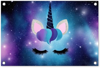 Tuinposter 60x40 cm - Tuindecoratie Eenhoorn - Sterren - Magisch - Blauw - Poster voor in de tuin - Buiten decoratie - Schutting tuinschilderij - Tuindoek muurdecoratie - Wanddecoratie balkondoek
