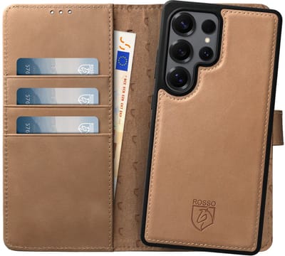 Rosso Elite Hoesje Geschikt voor Samsung Galaxy S25 Ultra | Compatibel met MagSafe / Qi2 | Book Case en Back Cover | Magnetisch Uitneembaar | Echt Leer Beschermhoes met Pasjeshouder | Lichtbruin