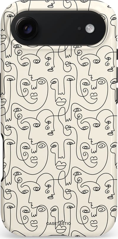 Casetastic hoesje geschikt voor Apple iPhone Air - MagSafe - Dubbellaagse bescherming - Art Deco Creme Abstractie Lijntekening Gezichten - Fashion Case - Zilver Crème Wit