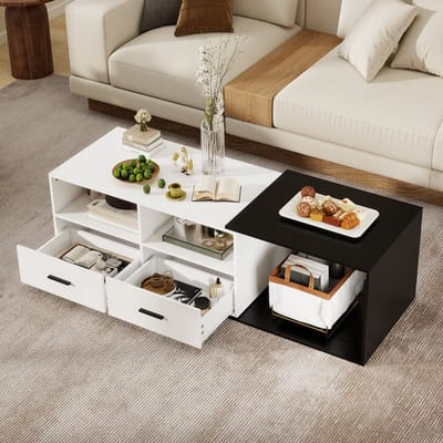 Puluomis - Salontafel - Woonkamertafel - Uitschuifbaar tafelblad - Zwart en wit - 2 lades