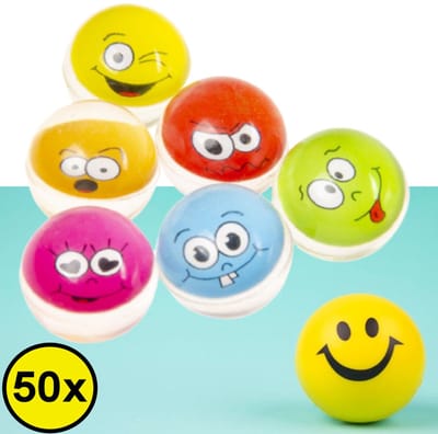 Decopatent 50 STUKS Vrolijke Smiley Stuiterballen Ø3.2 Cm - Traktatie Uitdeelcadeautjes voor kinderen - Speelgoed Stuiterbal - Uitdeelcadeaus - Bouncing Ball
