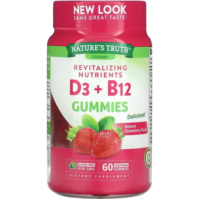 Nature's Truth, Revitaliserende D3 + B12, Aardbeiensmaak, 60 Vegetarische Gummies